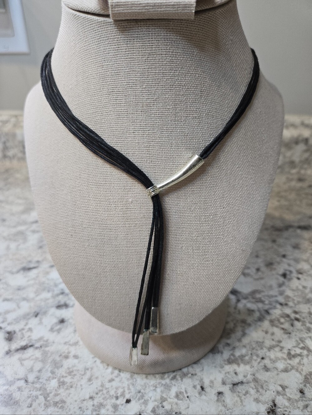 Y2K Multi-Strand Black Leather Lariat Bolo Necklace w/ Silver Accents